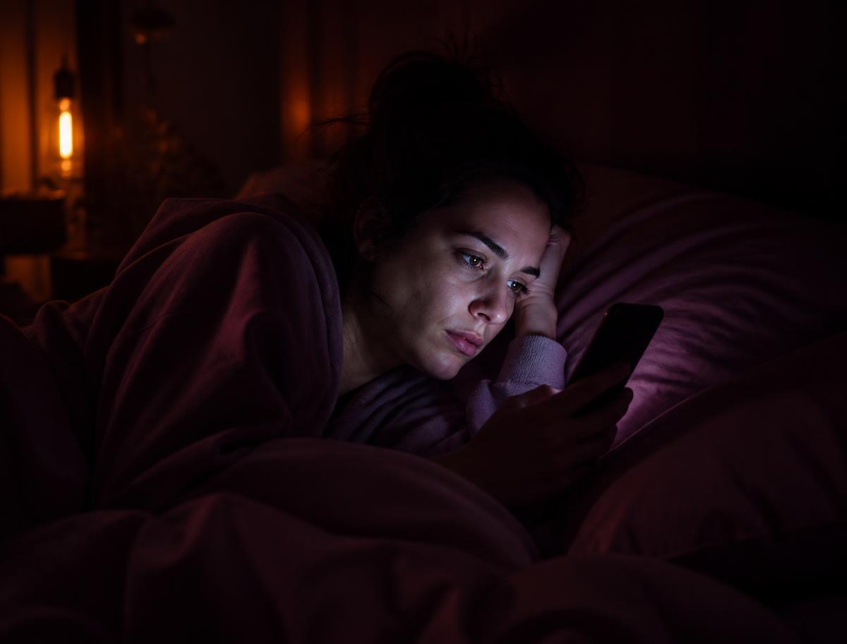 Mulher acordada à noite revirando decisões na cabeça